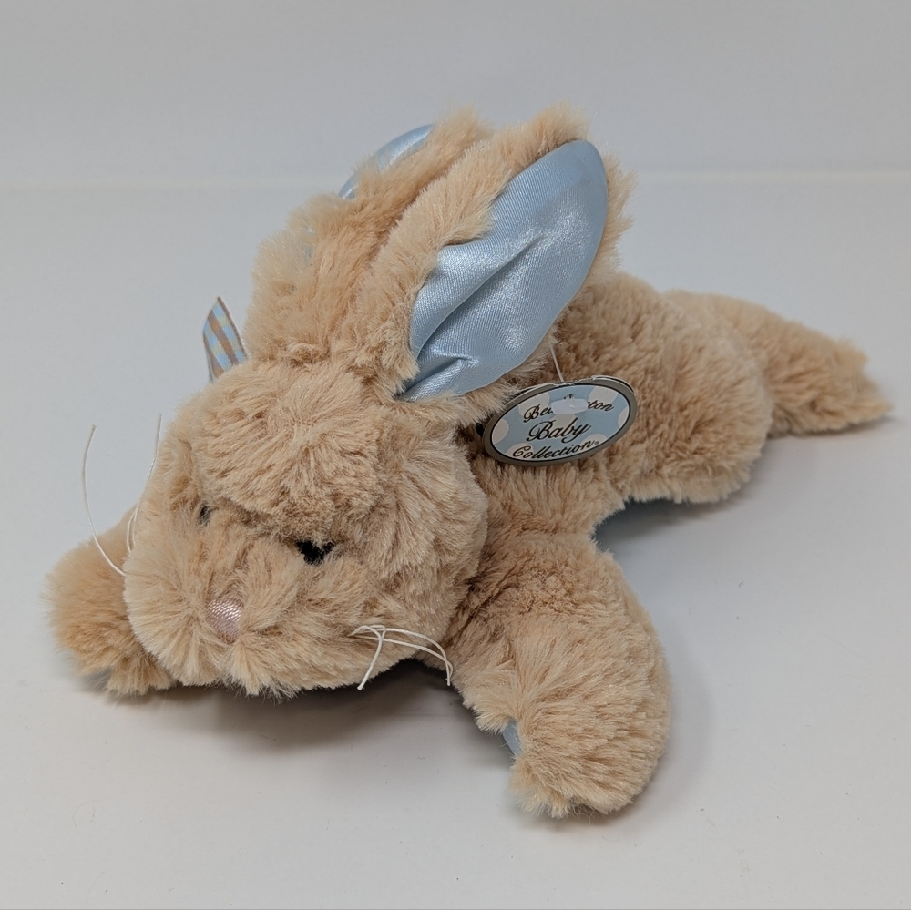 Bearington Baby Bunny Rabbit Plush Rattle Blue Satin Tummy